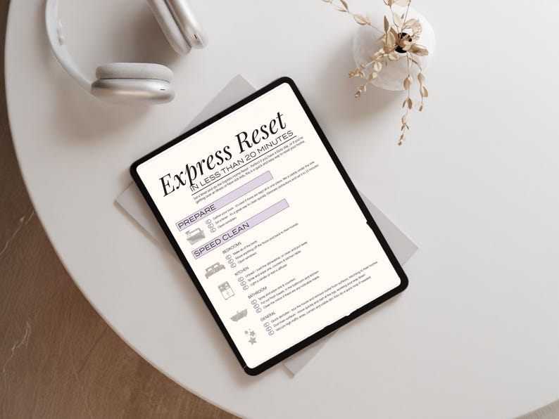 Sunday Reset Digital Planner displayed on iPad. It's the perfect Weekly Cleaning To Do List. This Printable Chore Checklist is Editable and makes keeping your home tidy an easy and fun routine. ADHD friendly and perfect for busy moms.