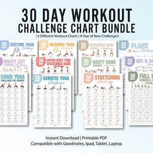 Puede incluir: Un paquete de 12 gráficos de entrenamiento imprimibles de 30 días. Cada gráfico presenta una rutina de ejercicios diferente, incluyendo yoga, ejercicios con bandas de resistencia y ejercicios de core. Los gráficos están diseñados para varios niveles de fitness.