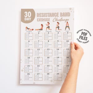 Défi d&#39;entraînement avec bandes élastiques de 30 jours | Guide de musculation pour débutants imprimable | Poster des bandes de fitness | Tableau d&#39;exercices d&#39;entraînement simple
