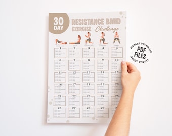 30 Day Resistance Band Workout Challenge | Printable Beginner Strength Training Guide | Fitness Bands Poster | Simple Workout Exercise Chart