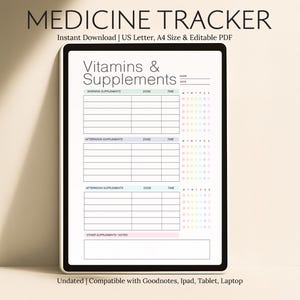 Dagelijkse medicatie-to-do-lijst | Afdrukbaar bewerkbaar medicijnlogboek | Digitale supplemententracker | Vitaminenchecklist | Herinneringsblad pil