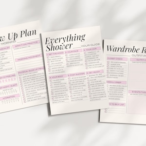 3 pages on white desk with soft shadow. 1. Glow Up Plan, 2. Everything Shower, 3. Wardrobe Reset