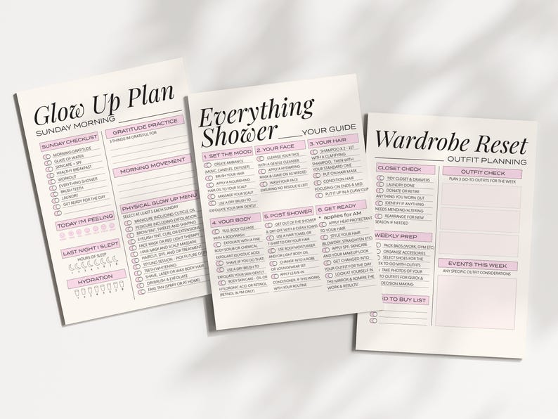 3 pages on white desk with soft shadow. 1. Glow Up Plan, 2. Everything Shower, 3. Wardrobe Reset