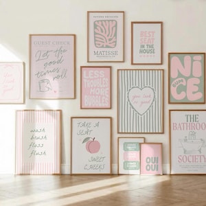 Sage Green & Pink Bathroom Wall Art Set of 12 | Printable Funny Toilet Print Bundle | Pastel Girly Washroom Decor | Matisse Print, Best Seat