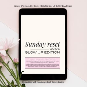 Sunday Reset Guide Glow Up Edition Digital Planner displayed on iPad, placed on a pink desk with pink flower next to it. ADHD friendly and perfect for busy moms.