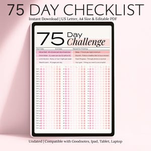 May include: A printable 75 Day Challenge checklist with a pink and white color scheme. The checklist includes daily goals such as "Move Well", "Drink Water", "Limit Alcohol", "Read & Learn", "Sleep", "Mood Boost", "Track Progress", and "Your Goal".