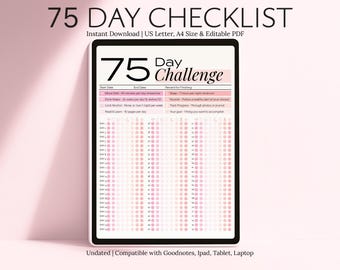 75 Day Challenge Digital Checklist | 75 Medium Fillable To Do | Editable 75 Soft Planner | Printable Daily Habit Tracker | Easy Goal Logbook