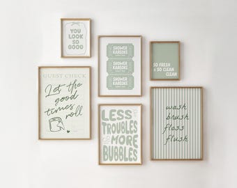 Sage Green Bathroom Wall Art Set of 6 | Printable Funny Toilet Print Bundle | Pastel Mint Washroom Decor | Wash Brush Floss Flush Sign