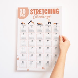 Printable 30 Day Stretching Challenge wall art featuring a beginner-friendly yoga routine with calming, easy-to-follow daily stretches designed for stress relief and improved mobility. Perfect for home workout spaces or wellness corners.