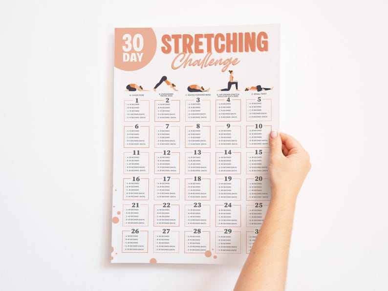 Printable 30 Day Stretching Challenge wall art featuring a beginner-friendly yoga routine with calming, easy-to-follow daily stretches designed for stress relief and improved mobility. Perfect for home workout spaces or wellness corners.