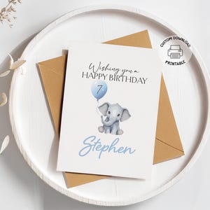 Cartão de aniversário para impressão | Cartão de primeiro aniversário personalizado com nome para menino | Cartão de primeiro aniversário personalizado com elefante para menina