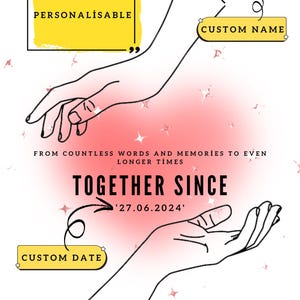 Puede incluir: Una descarga digital imprimible de una ilustración personalizada de dos manos que se acercan la una a la otra con el texto "Juntos desde" y una fecha personalizable. La ilustración está rodeada de purpurina rosa y blanca y los nombres "Nicole" y "Lucas" están escritos en cursiva.