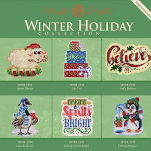 May include: A set of six cross-stitch patterns featuring winter holiday themes. The patterns include a sweet sheep, a gift trio, a holly believe sign, a Canada goose, baking spirits bright, and a fishing penguin.