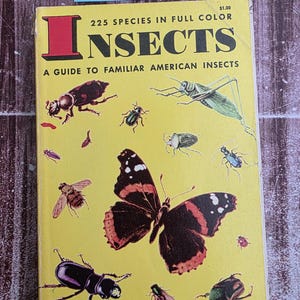 May include: A vintage book titled "Insects" with a yellow cover, featuring illustrations of various insects. The cover includes the text "225 Species in Full Color" and "A Guide to Familiar American Insects."