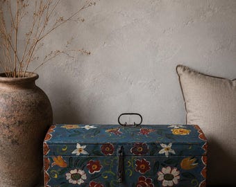 Vintage Hand-Painted Wooden Chest, Antique Storage Box, Farmhouse Decor