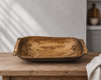 Antique Dough Bowl / Hand Carved Wooden Trencher / Primitive Farmhouse Kitchen Decor