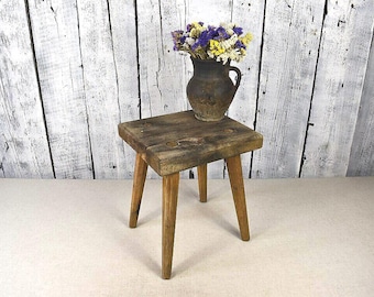 Vintage Wooden Stool / Rustic Farmhouse Side Table / Cottagecore Decor