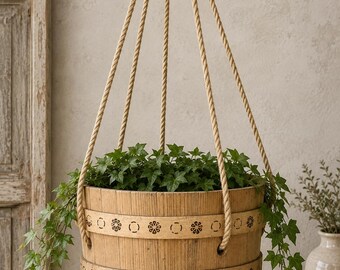 May include: A round wooden hanging planter with two horizontal bands featuring a dark, stenciled floral pattern. The planter is suspended by four thick, light-colored twisted rope cords and contains a lush, trailing green ivy plant.