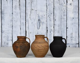 Vintage Handmade Clay Vase / Rustic Farmhouse Pottery