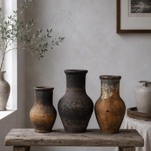 May include: Three rustic ceramic vessels with a weathered, dark brown and black finish. The vases feature a bulbous body, a narrow neck, and a flared rim. Each piece displays a unique, textured surface with signs of age and organic color variations.