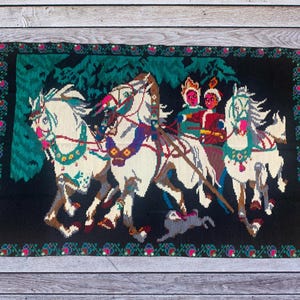 Vintage Ukrainian Wool Rug / Fairytale Woven Wall Hanging / Animal Kilim / Rustic Tapestry / Colorful Traditional Carpet