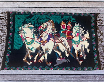 Vintage Ukrainian Wool Rug / Fairytale Woven Wall Hanging / Animal Kilim / Rustic Tapestry / Colorful Traditional Carpet