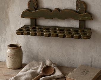 Vintage Carved Wood Utensil Holder, Rustic Farmhouse Kitchen Organizer
