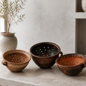 May include: Three round ceramic colanders with side handles and drainage holes. The left colander is light brown with white zigzag patterns. The center colander is dark brown with a weathered texture. The right colander is reddish-brown with dark spots.