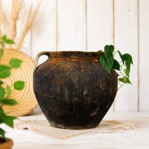 May include: A weathered, dark brown earthenware pot with a handle, resting on a beige linen cloth. Green vines with leaves spill from the rim. The pot has a rustic appearance. A decorative woven item and wheat stalks are in the background.