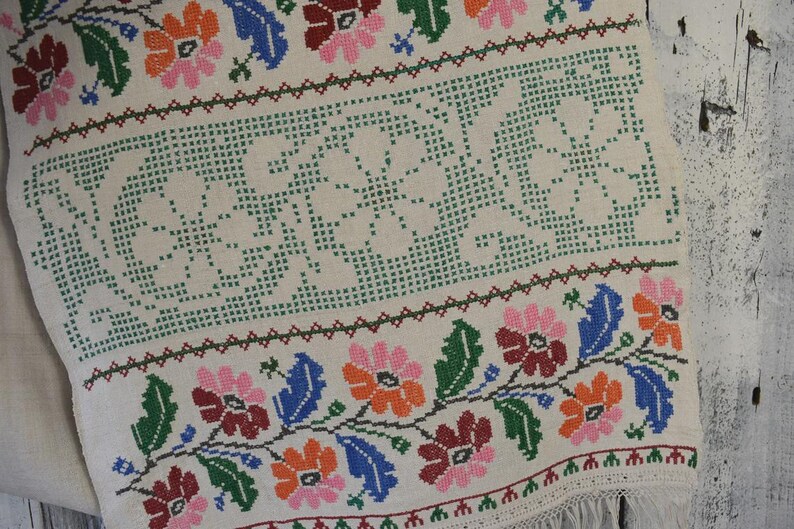 Puede incluir: Un tejido de color crema con un intrincado bordado de punto de cruz. El dise&ntilde;o incluye una banda central ancha de motivos florales verdes flanqueada por bordes horizontales de flores coloridas en tonos rojo, rosa, naranja y azul con hojas verdes.