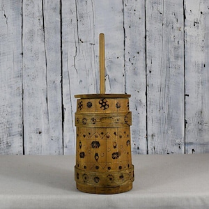Antique Wooden Butter Churn / Vintage Farmhouse Kitchen Decor / Rustic Primitive Cookware / Handcrafted Wooden Vessel