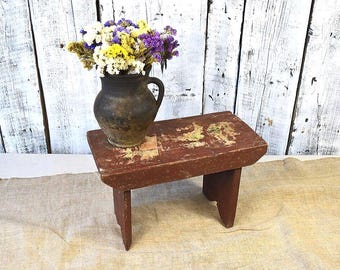 Vintage Wooden Stool / Rustic Farmhouse Side Table / Cottagecore Decor