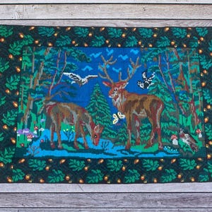 Vintage Ukrainian Wool Rug / Forest Scene Kilim Tapestry / Handwoven Animal Carpet / Rustic Wall Hanging / Boho Cabin Decor
