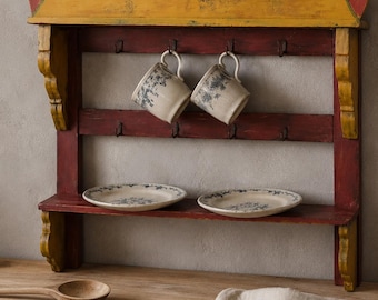 Vintage Rustic Wood Wall Shelf with Hooks, Farmhouse Kitchen Utensil Holder