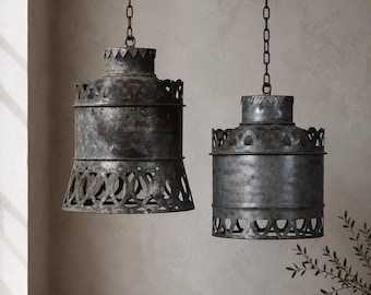 Antique Metal Lampshade, Vintage Industrial Pendant Shade, Rustic Hanging Light