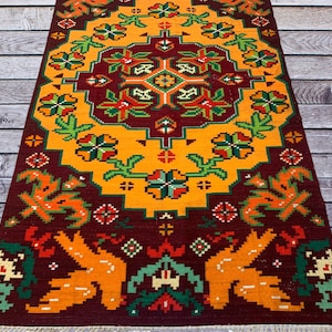 Vintage Ukrainian Wool Rug / Handwoven Floral Kilim Carpet / Colorful Wall Tapestry / Rustic Ethnic Floor Rug / Folk Art Textile