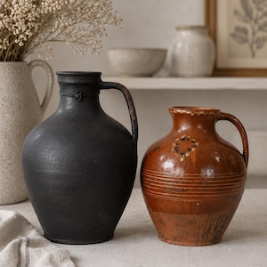 Vintage Clay Jug, Rustic Pottery Vase, Matte Black or Brown Terracotta Pot
