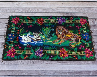 Vintage Ukrainian Wool Rug / Fairytale Woven Wall Hanging / Animal Kilim / Rustic Tapestry / Colorful Traditional Carpet