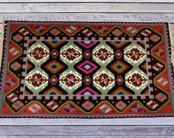 Vintage Ukrainian Wool Rug / Handwoven Floral Kilim Carpet / Colorful Wall Tapestry / Rustic Ethnic Floor Rug / Folk Art Textile