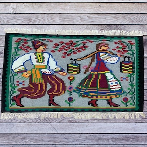 Vintage Wall Rug / Colorful Wool Rug / Handwoven Carpet / Rustic Wool Mat / Ethnic Folk Art Textile / Woven Wall Hanging Decor