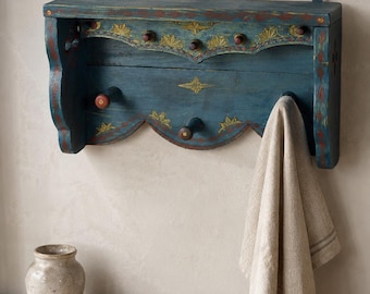 Vintage Wood Wall Shelf with Hooks, Rustic Farmhouse Decor