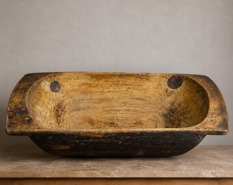 Large Antique Dough Bowl / Primitive Hand-Carved Wooden Trencher / Farmhouse Decor