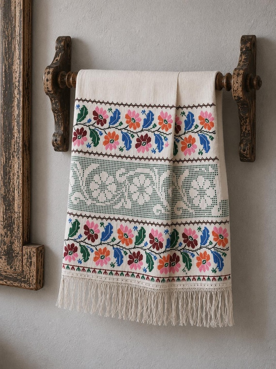 Vintage Embroidered Ukrainian Towel, Handwoven Boho Wall Decor (98.4"x17.3")