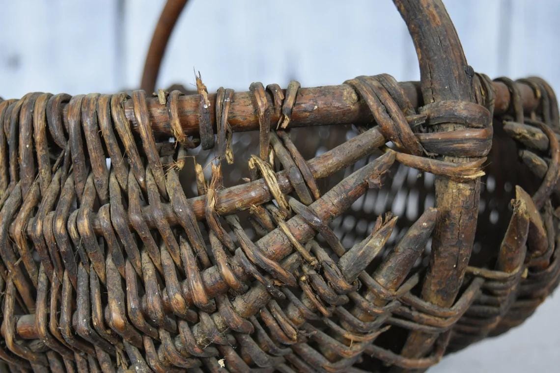 ヴィンテージ籐バスケット / アンティーク編み収納ボックス（ハンドル