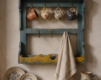 Vintage Wood Wall Shelf with Hooks, Rustic Farmhouse Rack