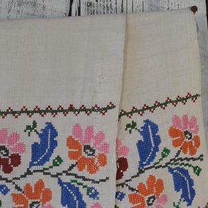 Puede incluir: Un camino de mesa rectangular de color blanco roto con un borde horizontal de bordado en punto de cruz. El patr&oacute;n muestra motivos florales repetidos en tonos rosa, naranja, rojo oscuro, azul y verde, con un borde decorativo.