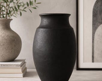 Black Rustic Ceramic Vase, Vintage Clay Vessel, Matte Texture, Wabi Sabi Decor