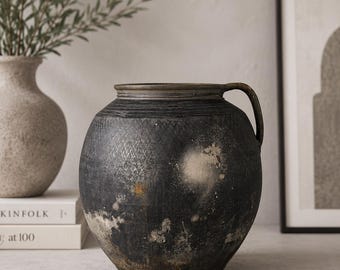 Vintage Black Clay Pot, Primitive Pottery Vessel, Rustic Farmhouse Decor, Antique Ceramic Vase
