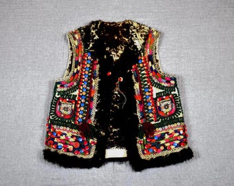 Vintage Sheepskin Fur Vest / Boho Shearling Vest / Rustic Winter Leather Vest / Traditional Wool Vest
