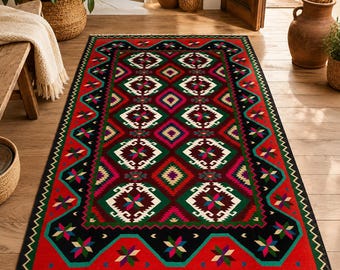 Vintage Ukrainian Wool Rug / Handwoven Geometric Tapestry / Ethnic Folk Art